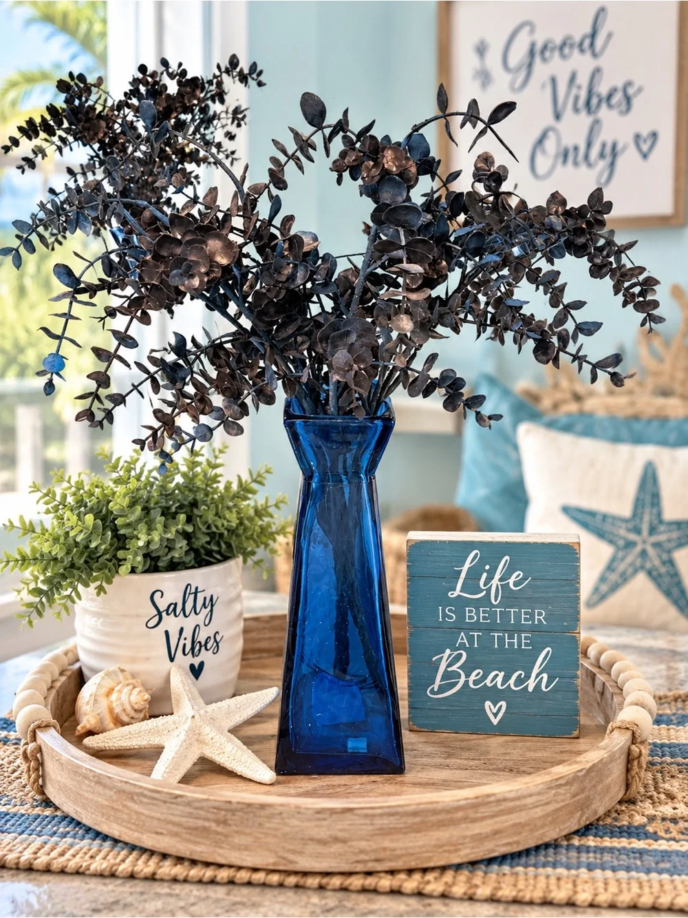 💙 Cobalt Blue Glass Vase w/ Dark Eucalyptus Floral Arrangement – Coastal Decor